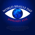 Square banner with eye and earth globe. world braille day, 4th january on blue background. Royalty Free Stock Photo